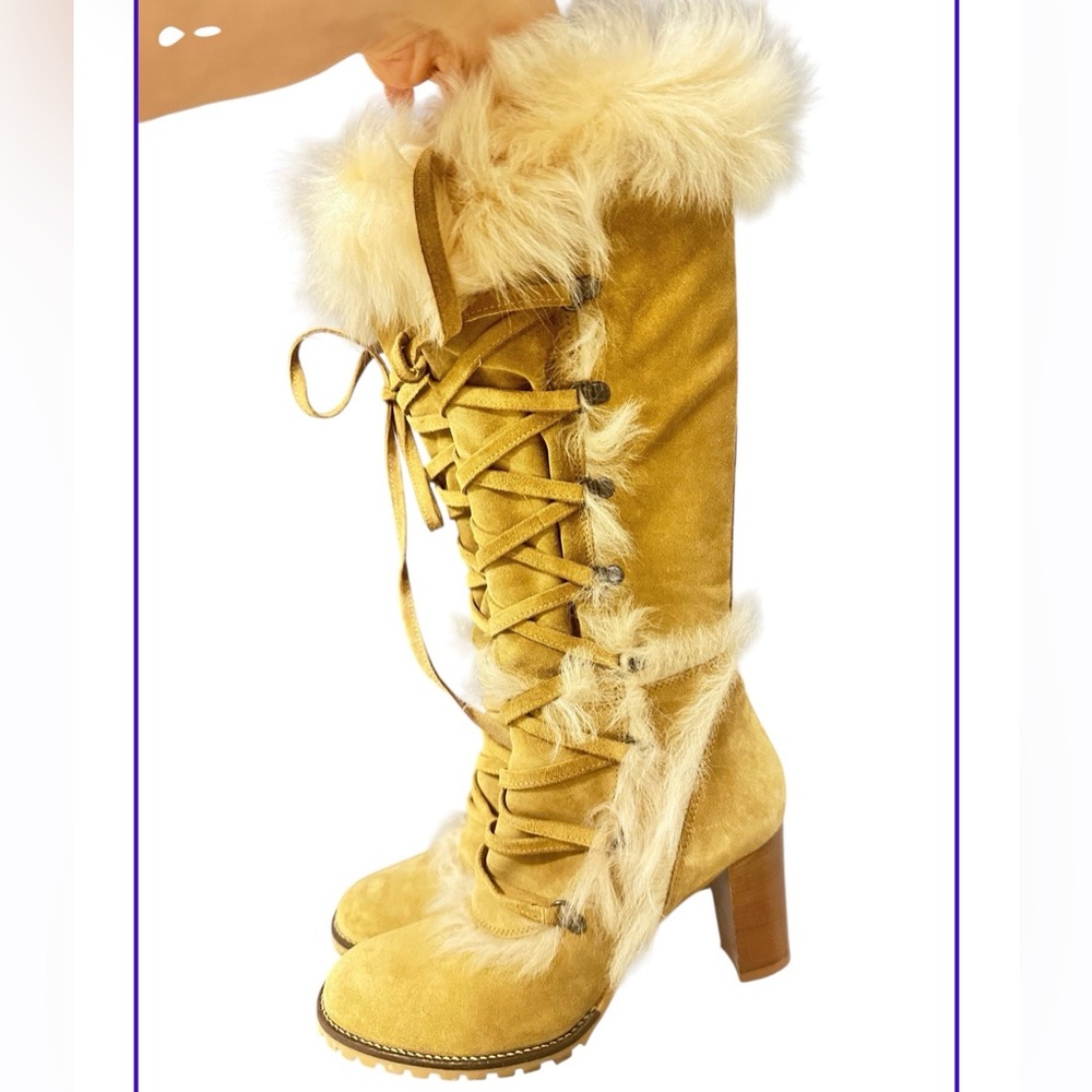 Faux Fur Lace-Up Knee-High Winter Coach Boots - Tan size 7.5 - Picture 2 of 9